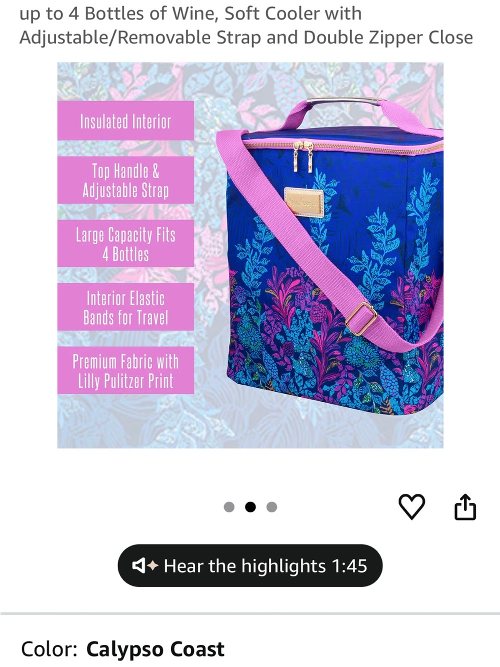 Lilly Pulitzer Blue Floral Cooler Bag/Wine coolerwith Pink Strap - Picture 2 of 2